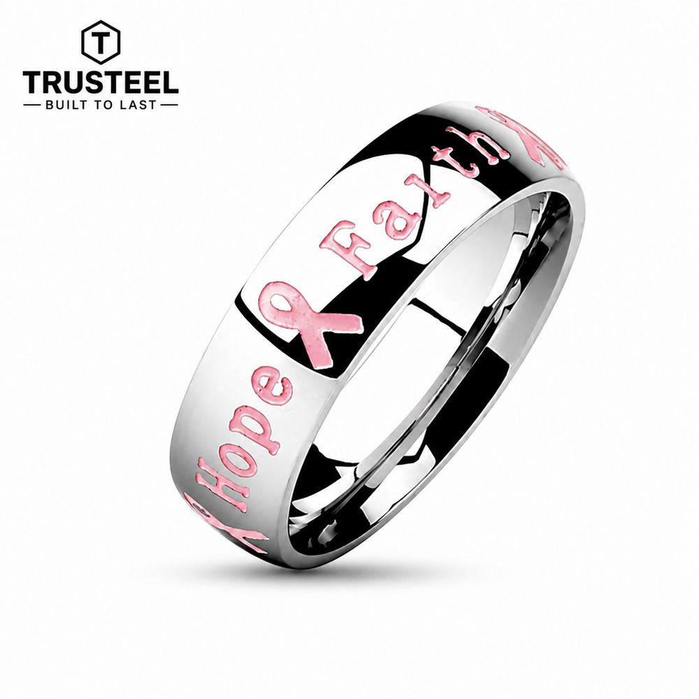 Breast Cancer Awareness Ring Pink Ribbon Stainless Steel Band size 9